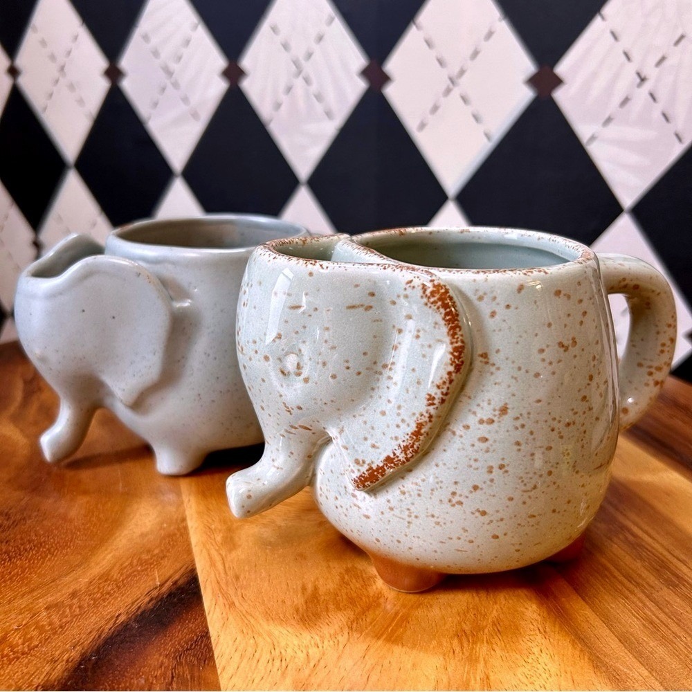 Elephant Ceramic Mugs Pair Pottery Cups with Tea Bag Holder Pocket